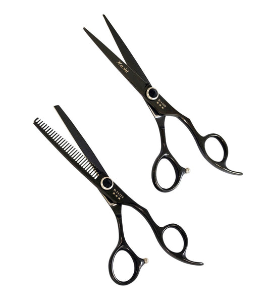 ADVANCE STUDENT HAIR STYLING CUTTING AND THINNING SHEARS SET BLACK TITANIUM COATED